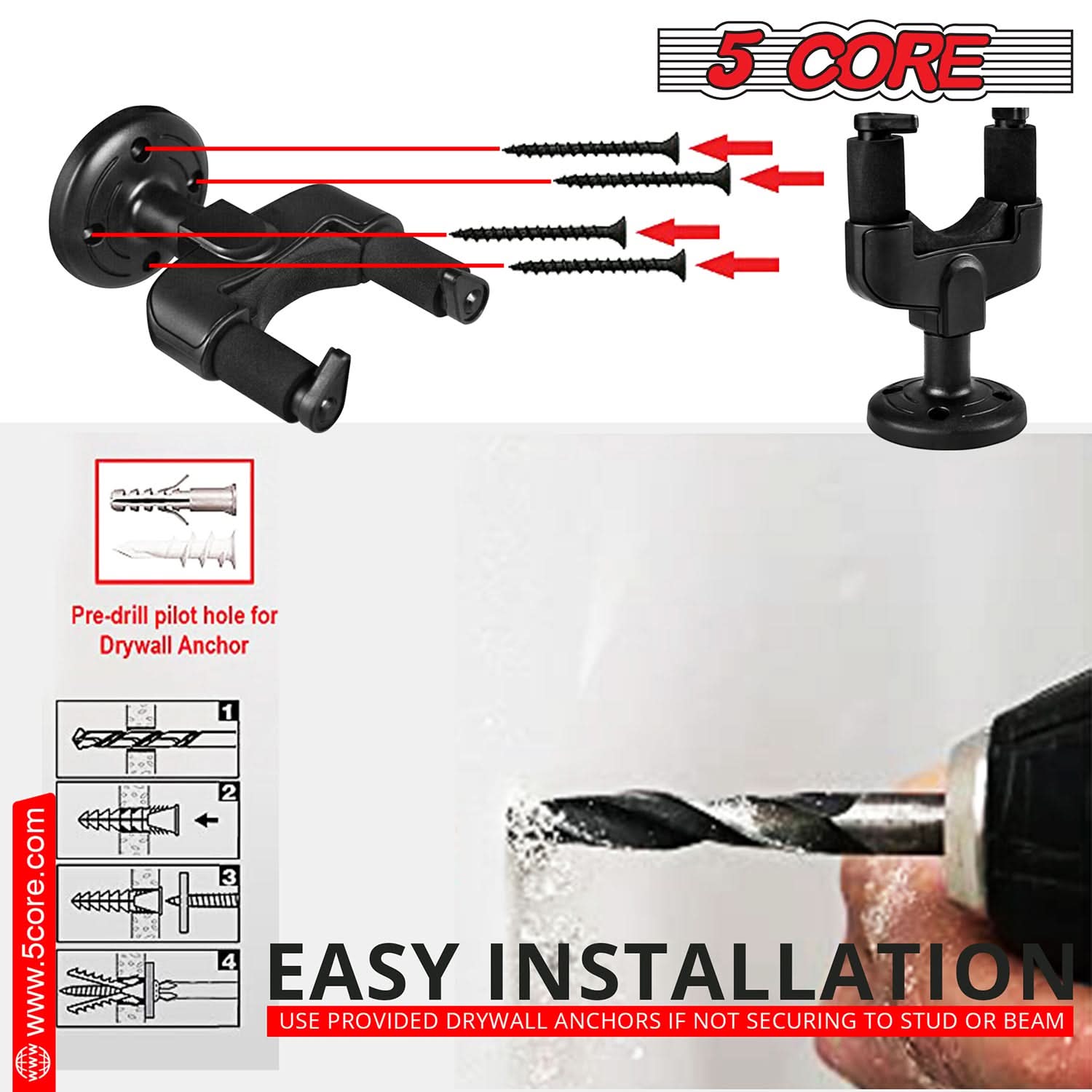 5Core Guitar Wall Mount Hanger 4Pcs Adjustable Display Wall Hook Holder Hard Wood Base-2