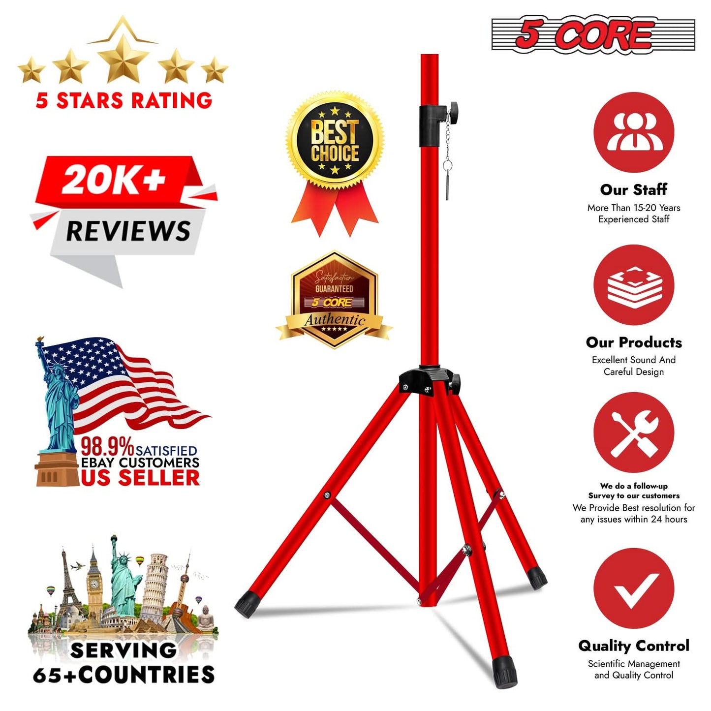 5Core Speaker Stand Tripod 2Pcs Tall Adjustable 72 Inch DJ Studio Monitor Stands Pole Mount-3