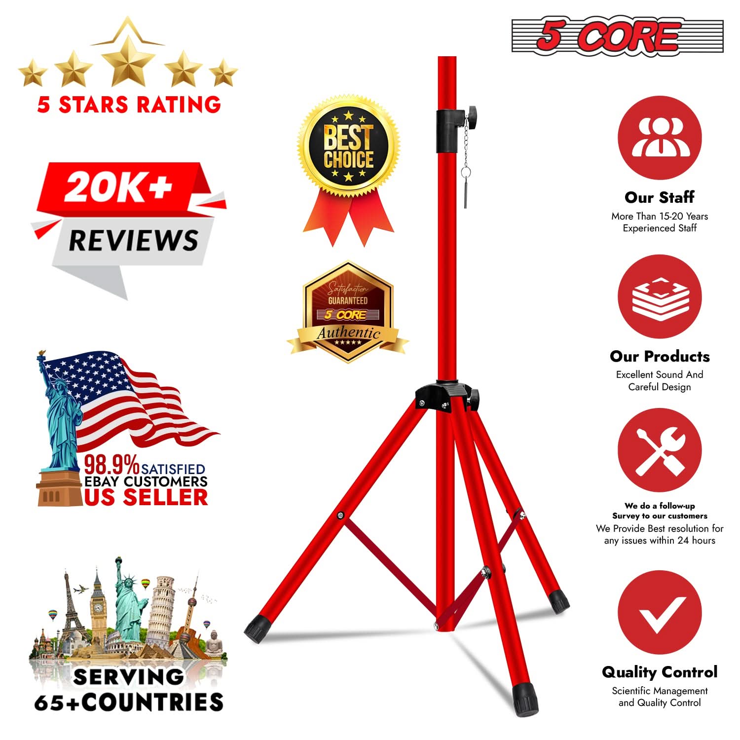 5Core Speaker Stand Tripod 2Pcs Tall Adjustable 72 Inch DJ Studio Monitor Stands Pole Mount-3