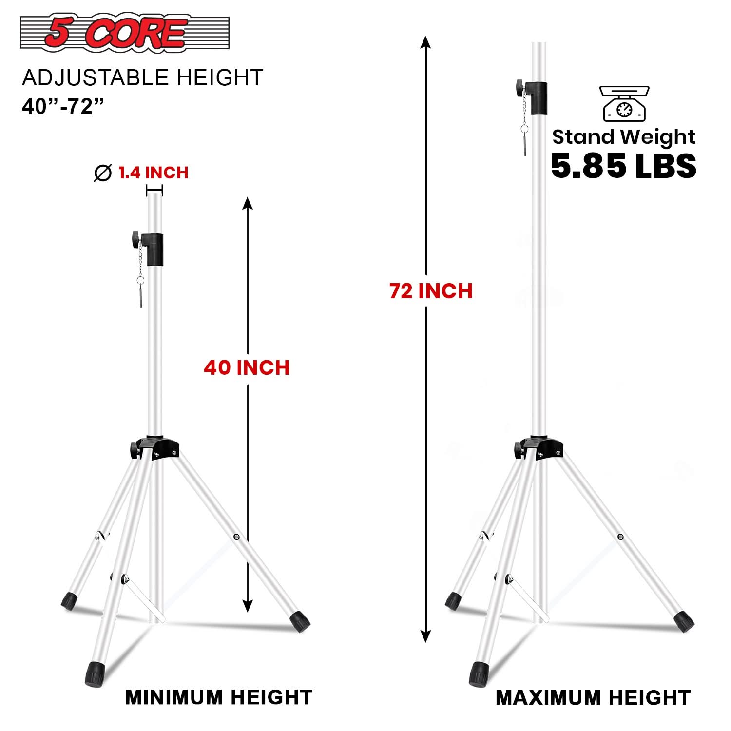 5Core Speaker Stand Tripod Tall Adjustable 72 Inch DJ Pole Mount Studio Monitor Stands WHITE 1 PK-1