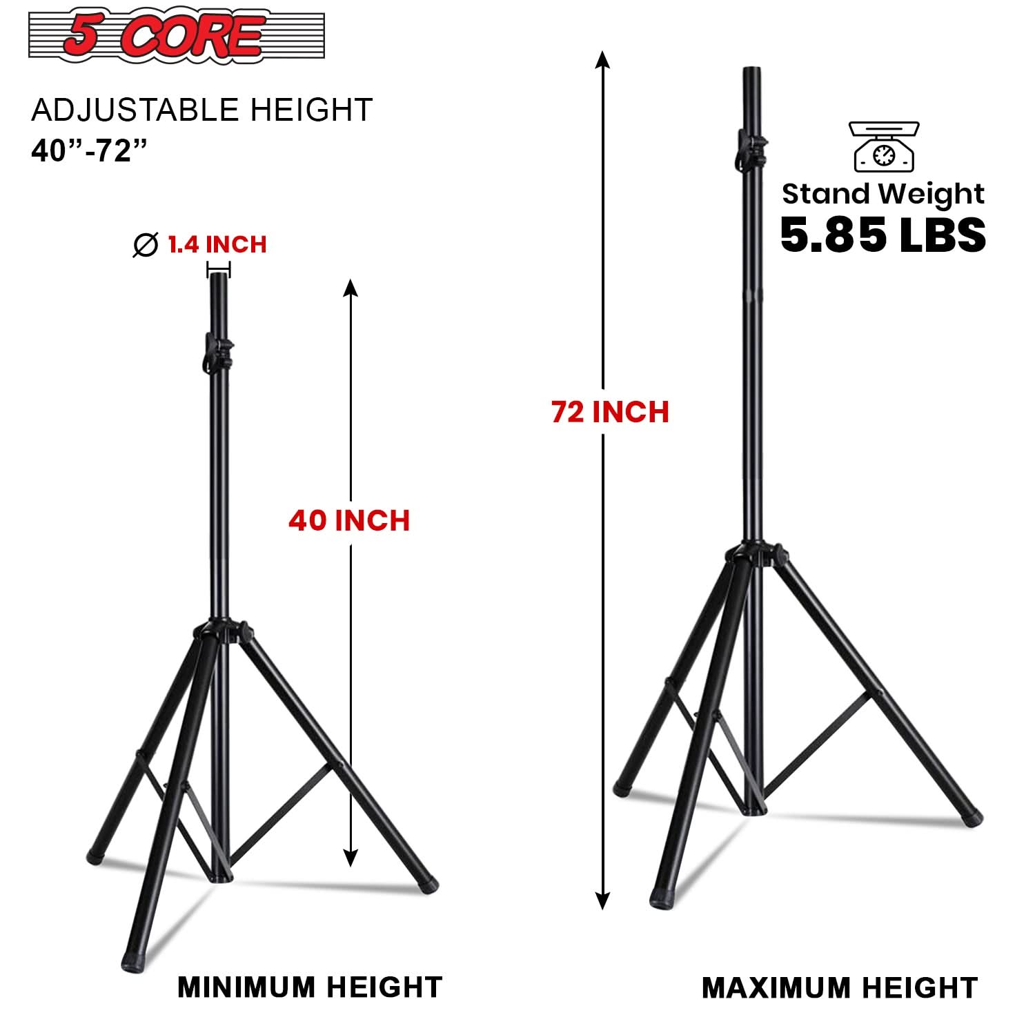 5Core Speaker Stand Tripod Tall Adjustable 72 Inch DJ Pole Mount Studio Monitor Stands BLACK 2 PK-1