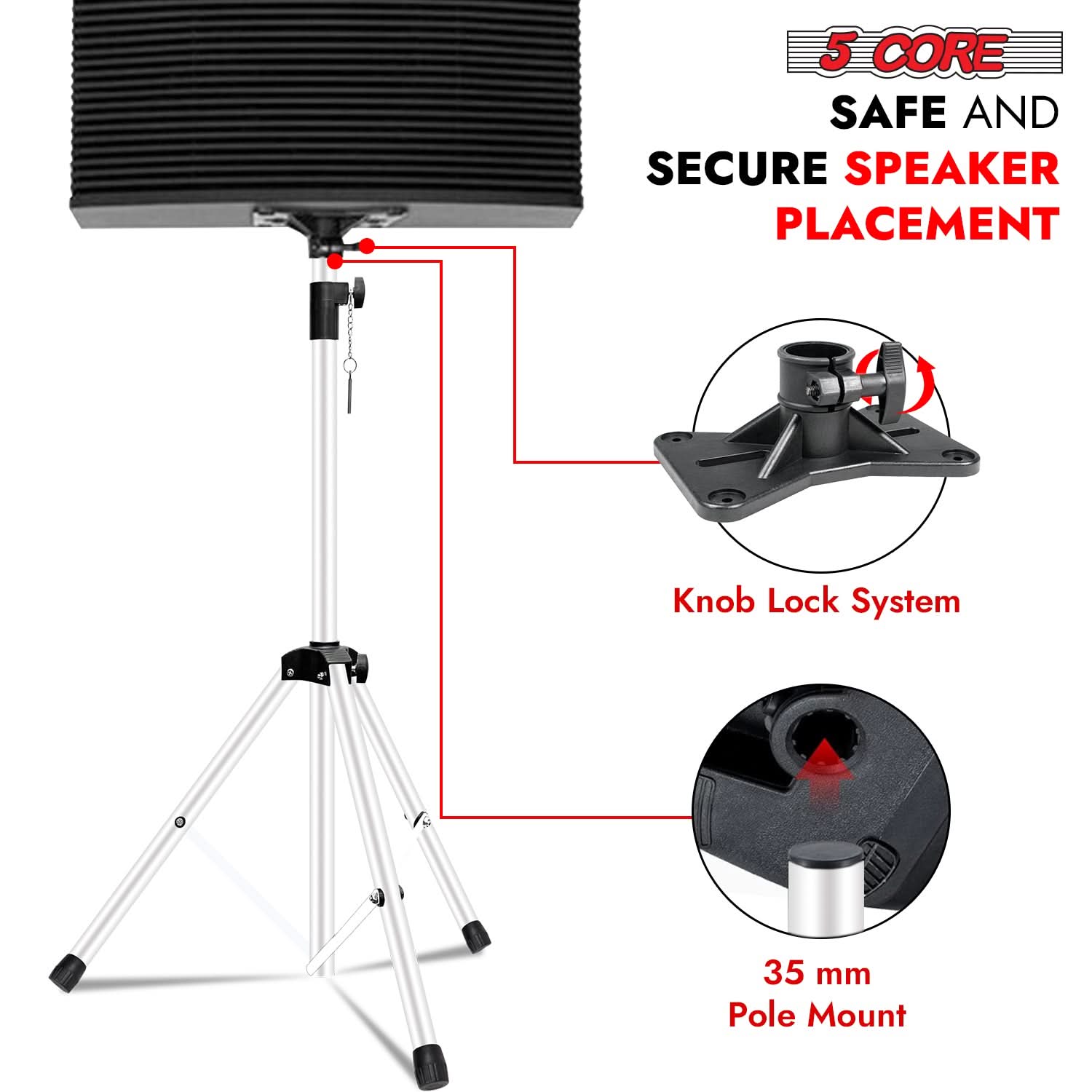 5Core Speaker Stand Tripod Tall Adjustable 72 Inch DJ Pole Mount Studio Monitor Stands WHITE 1 PK-3