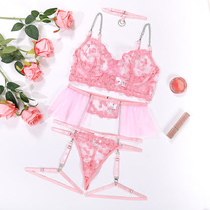 Red Lace Embroidery Sexy Lingerie Set-All Set View