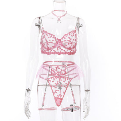 Pink Lace Embroidery Sexy Lingerie Set-Back View