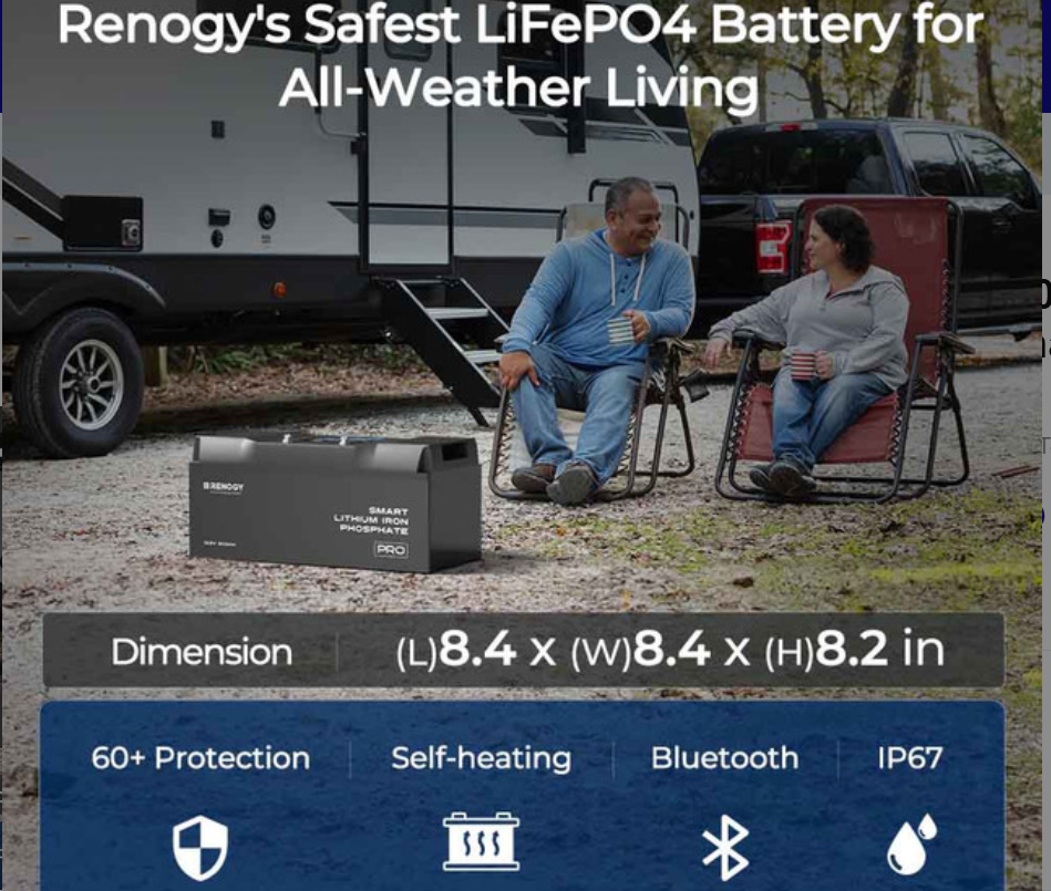 Pro- 12V 100Ah Smart Lithium Iron Phosphate Battery w/ Bluetooth & Self-Heating