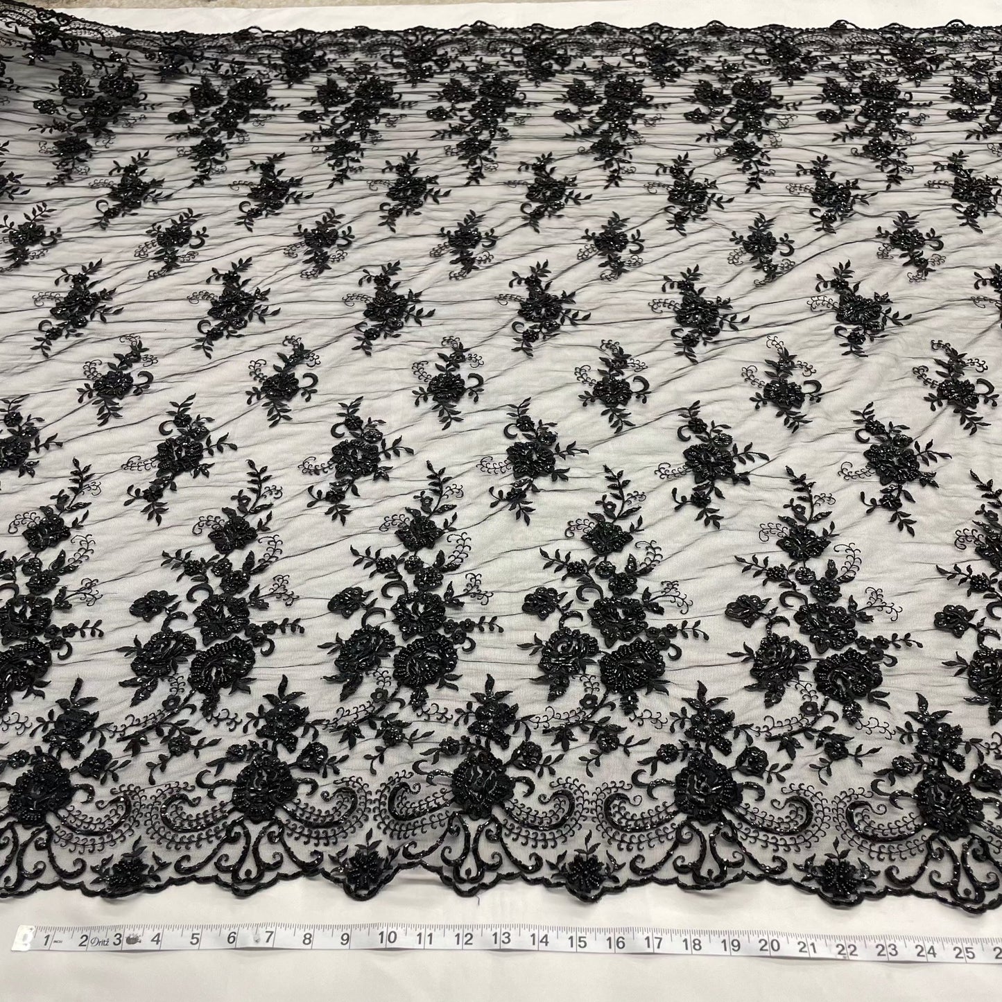 Beaded & Sequined Lace Fabric Embroidered on 100% Polyester Net Mesh | LaceUSA - 41895W-BP Black-0