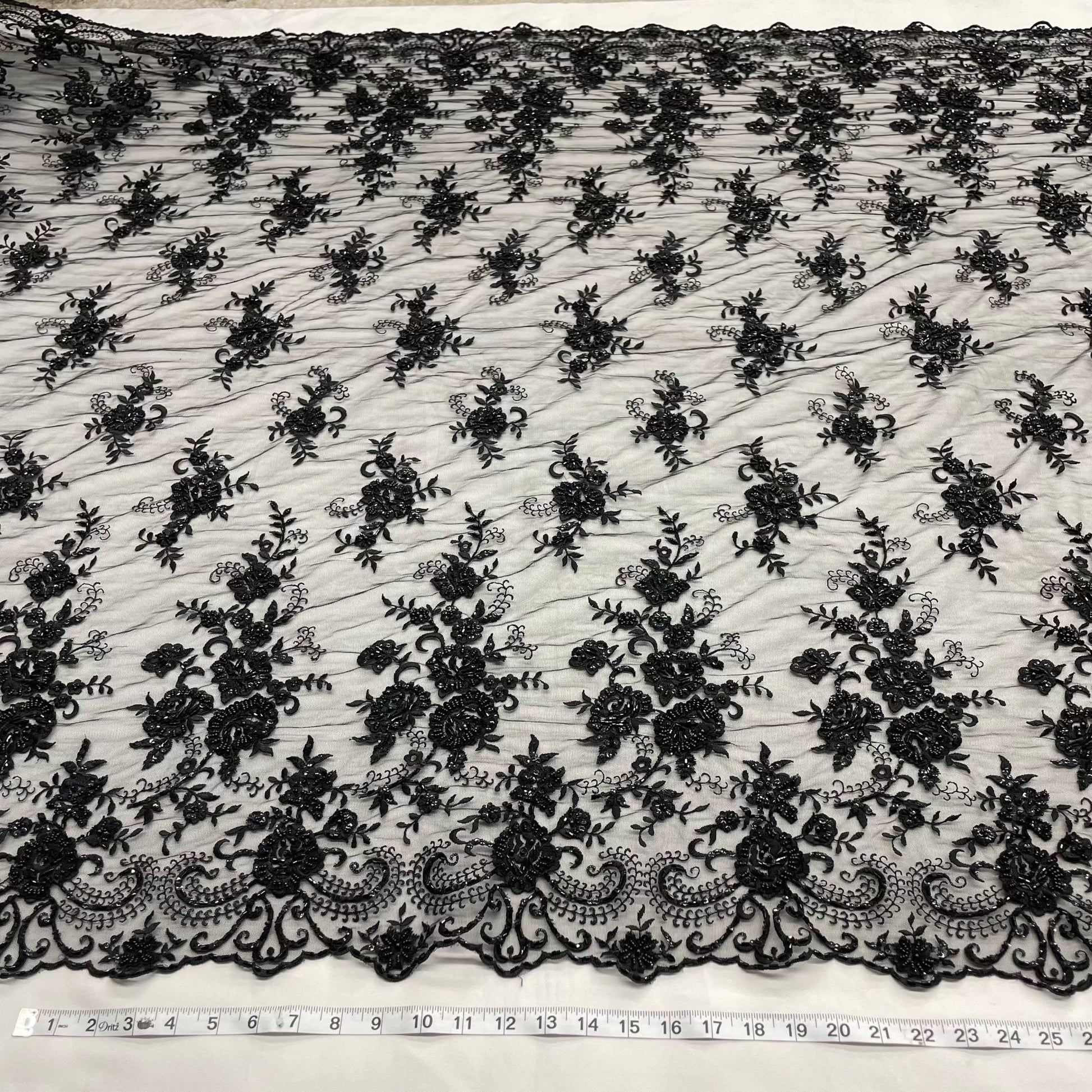 Beaded & Sequined Lace Fabric Embroidered on 100% Polyester Net Mesh | LaceUSA - 41895W-BP Black-0