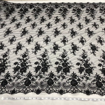 Beaded & Sequined Lace Fabric Embroidered on 100% Polyester Net Mesh | LaceUSA - 41895W-BP Black-0