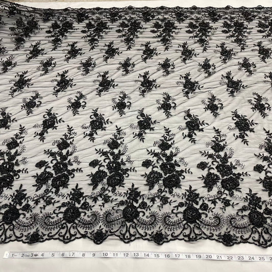 Beaded & Sequined Lace Fabric Embroidered on 100% Polyester Net Mesh | LaceUSA - 41895W-BP Black-0