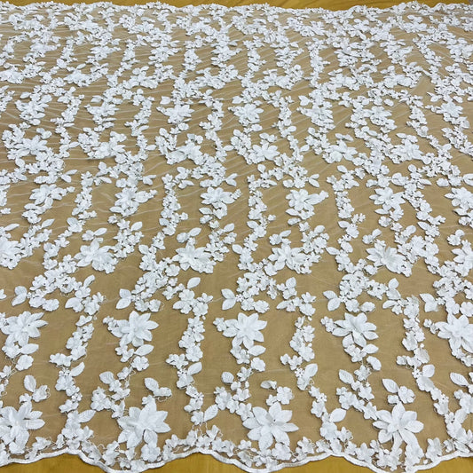 Beaded 3D Floral Lace Fabric Embroidered on 100% Polyester Net Mesh | Lace USA - GD-127-0
