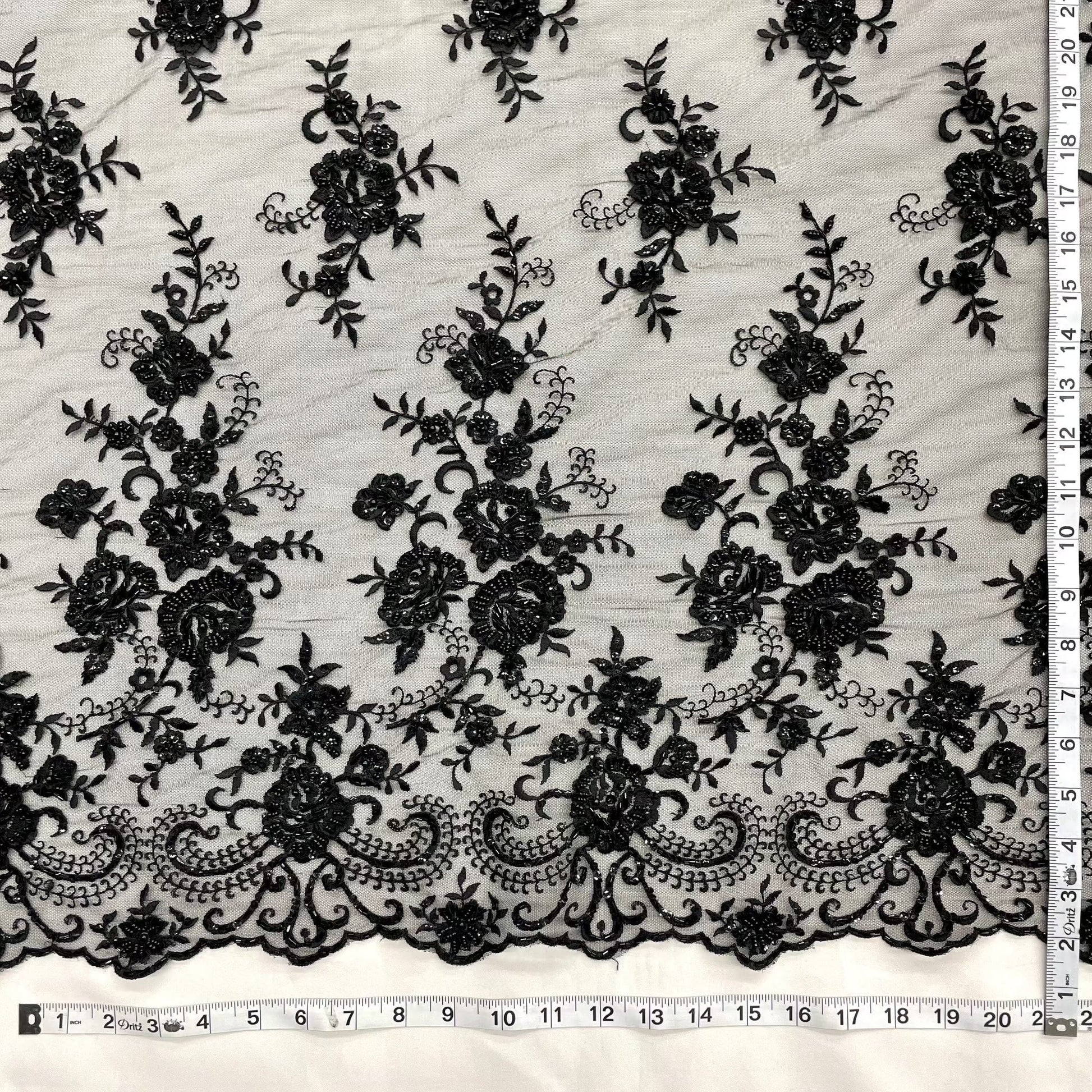 Beaded & Sequined Lace Fabric Embroidered on 100% Polyester Net Mesh | LaceUSA - 41895W-BP Black-1