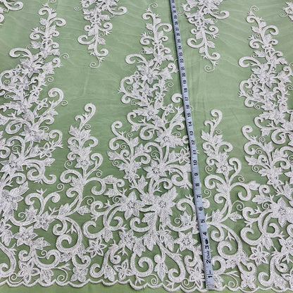 Beaded & Corded Bridal Fabric Lace Embroidered on 100% Polyester Net Mesh | Lace USA - 97219W-HB-1