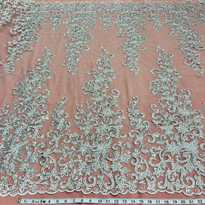 Beaded & Corded Bridal Fabric Lace Embroidered on 100% Polyester Net Mesh | Lace USA - 97219W-HB-6