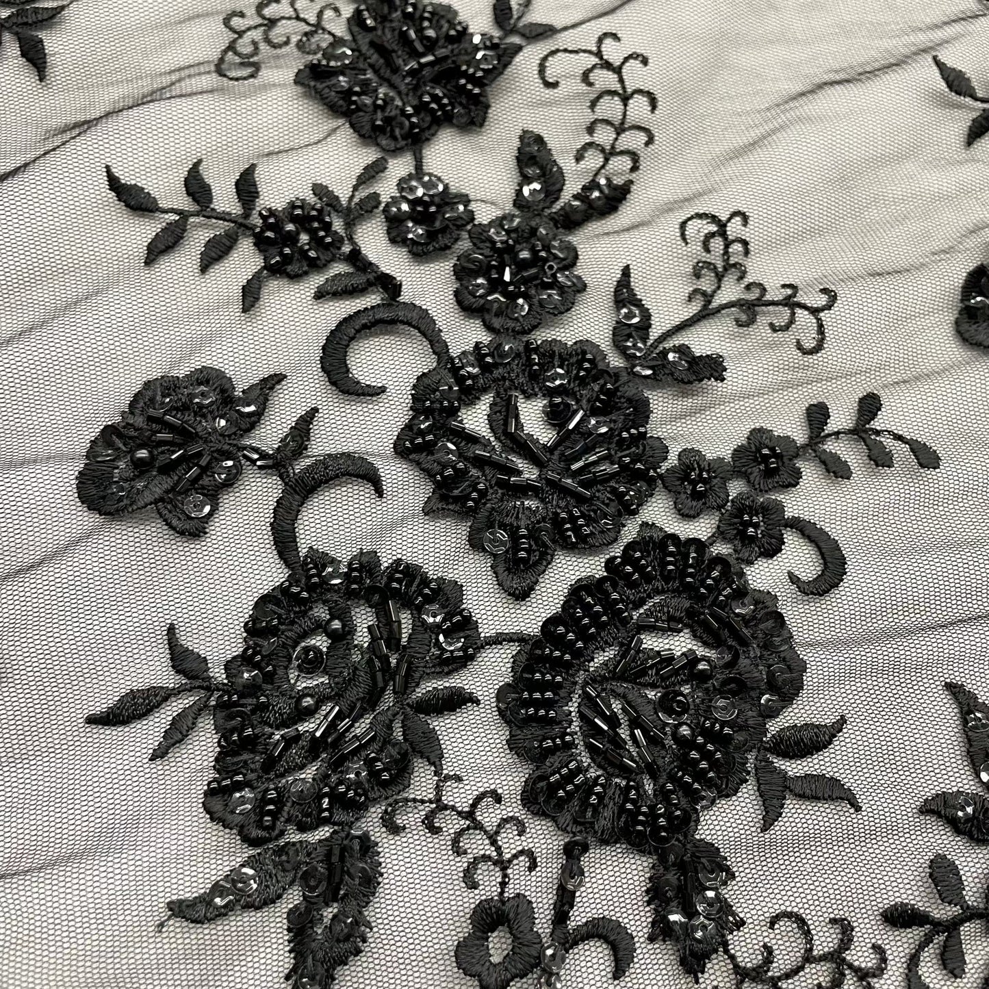 Beaded & Sequined Lace Fabric Embroidered on 100% Polyester Net Mesh | LaceUSA - 41895W-BP Black-2