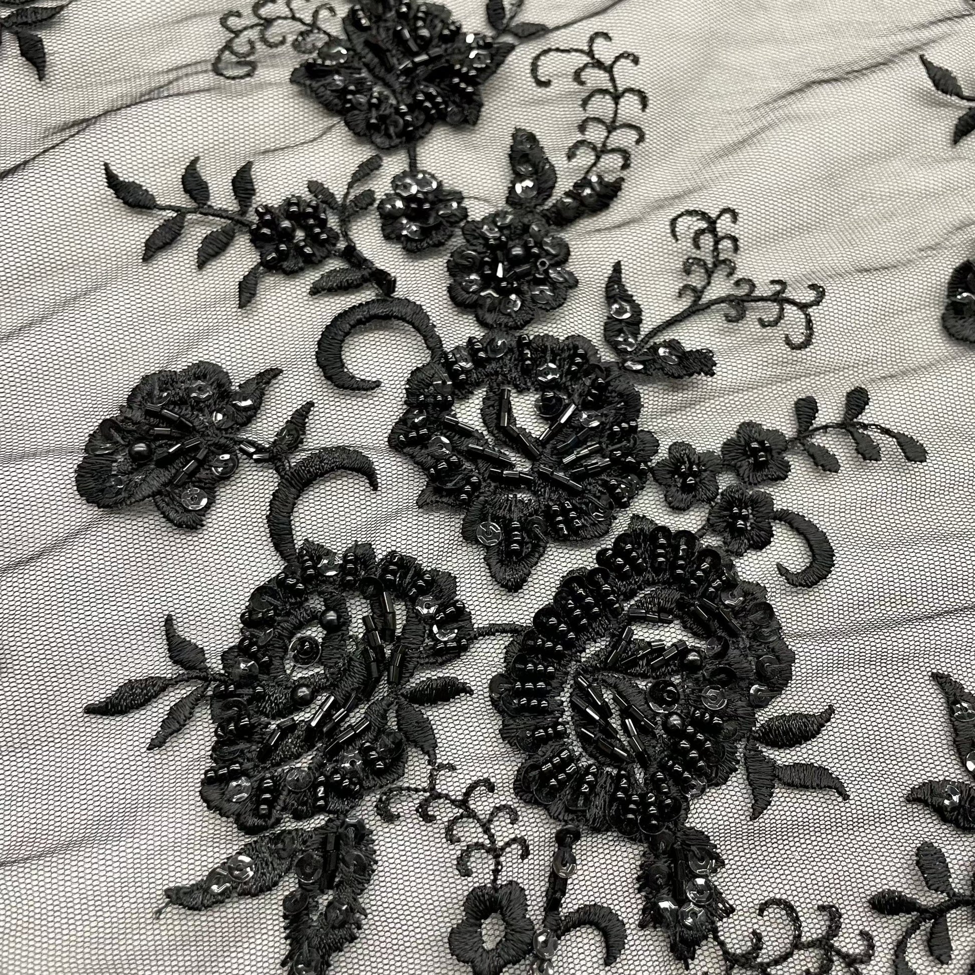 Beaded & Sequined Lace Fabric Embroidered on 100% Polyester Net Mesh | LaceUSA - 41895W-BP Black-2