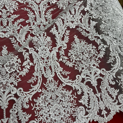 Corded Bridal Lace Fabric Embroidered on 100% Polyester Net Mesh | Lace USA - 97136W-4