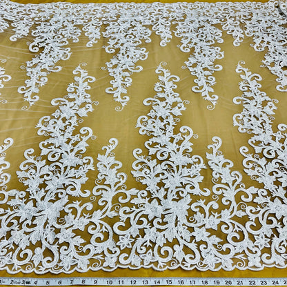 Beaded & Corded Bridal Fabric Lace Embroidered on 100% Polyester Net Mesh | Lace USA - 97219W-HB-5