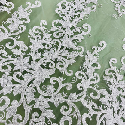 Beaded & Corded Bridal Fabric Lace Embroidered on 100% Polyester Net Mesh | Lace USA - 97219W-HB-0
